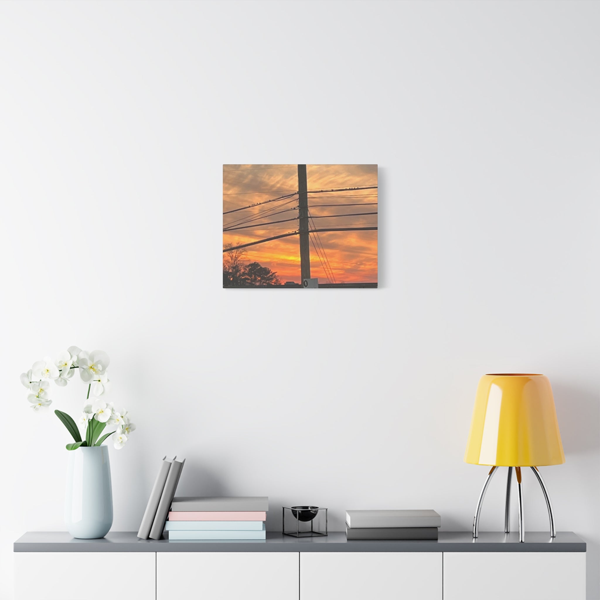 Sunset Powerlines Matte Canvas Print — Warm Orange Sky Wall Art