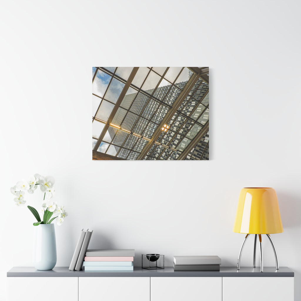 Modern Architecture Canvas Print — Glass Atrium & Skyscraper Stretched Matte