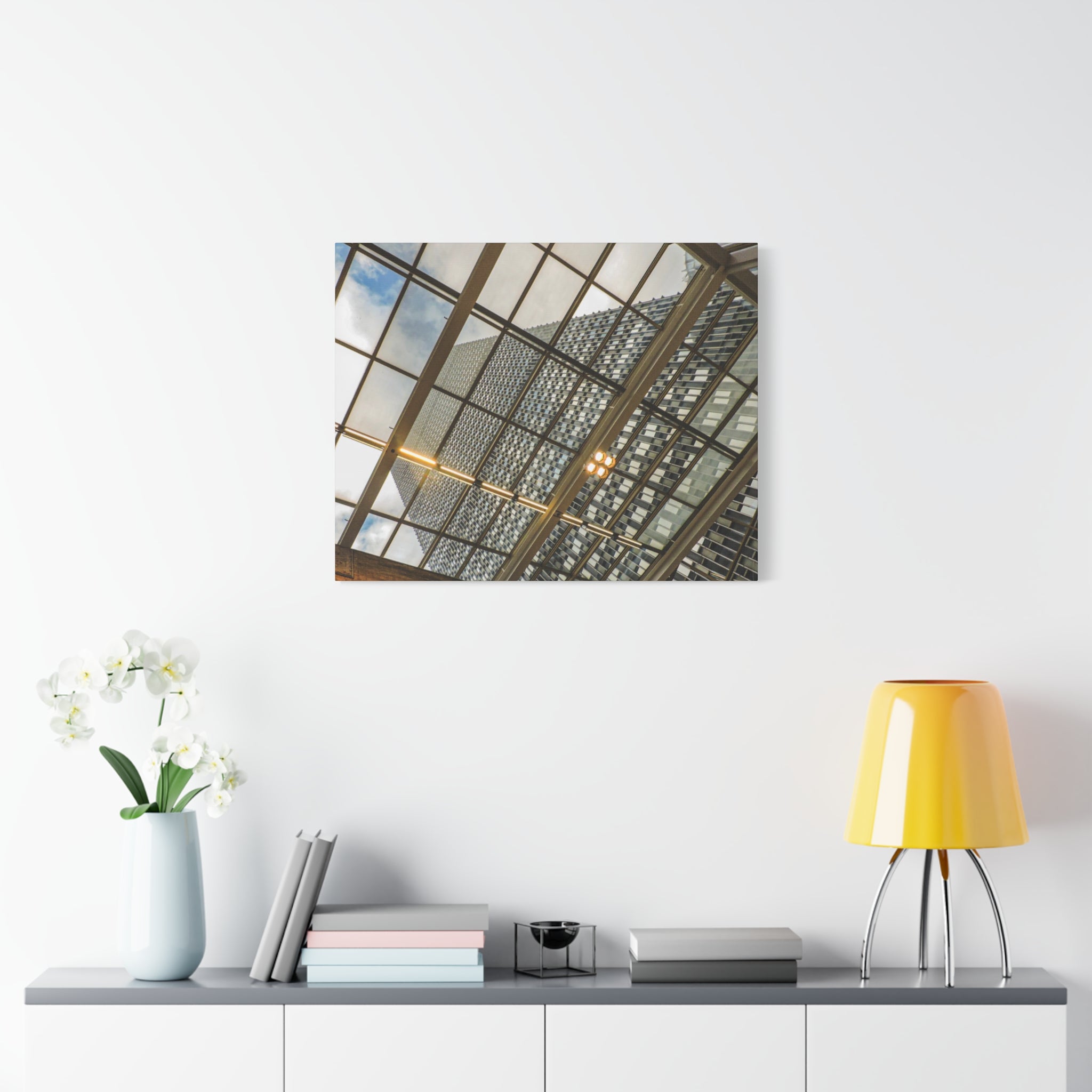 Modern Architecture Canvas Print — Glass Atrium & Skyscraper Stretched Matte