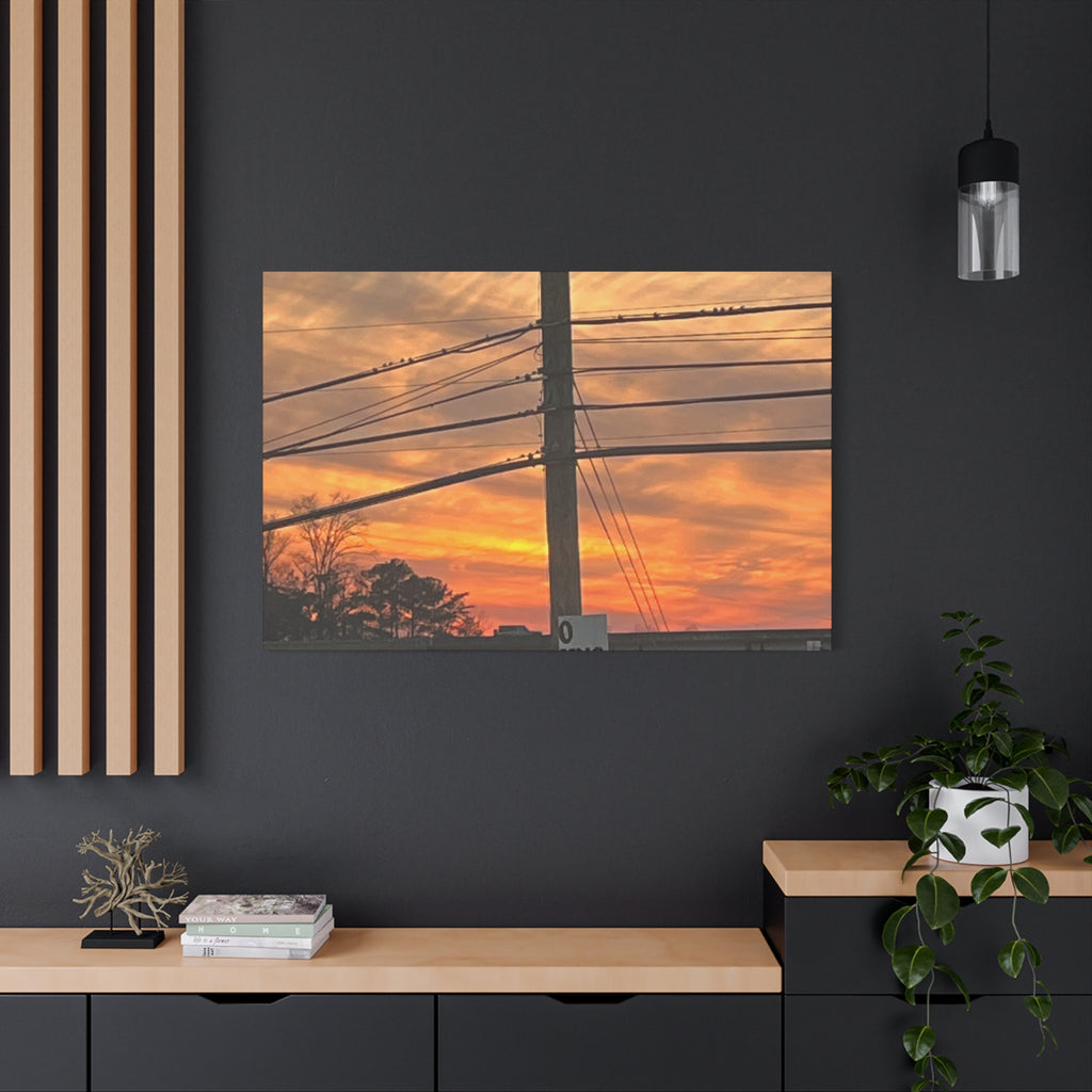 Sunset Powerlines Matte Canvas Print — Warm Orange Sky Wall Art