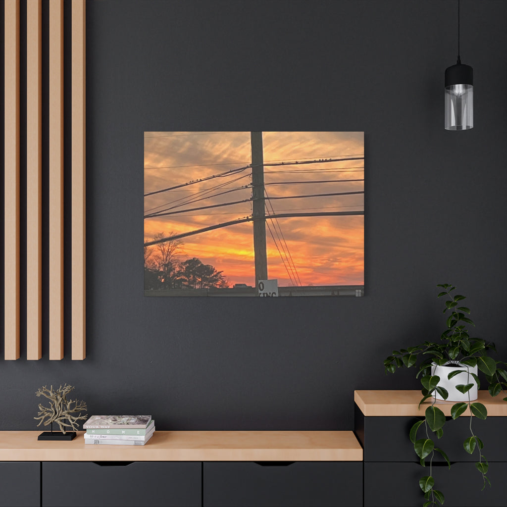 Sunset Powerlines Matte Canvas Print — Warm Orange Sky Wall Art