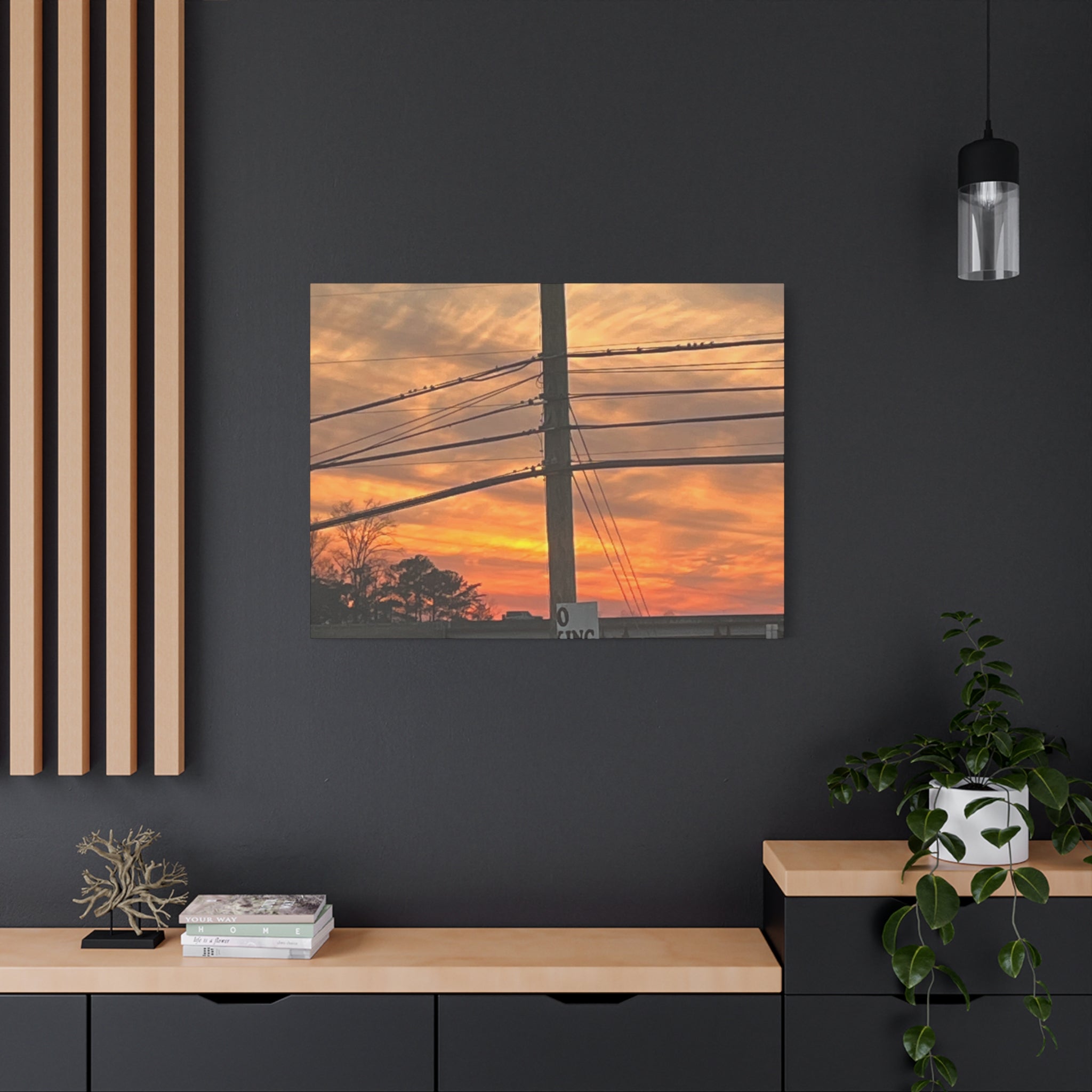 Sunset Powerlines Matte Canvas Print — Warm Orange Sky Wall Art