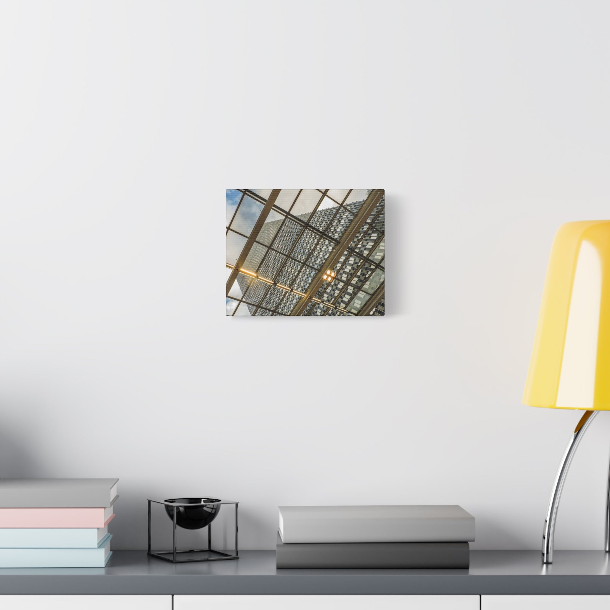 Modern Architecture Canvas Print — Glass Atrium & Skyscraper Stretched Matte