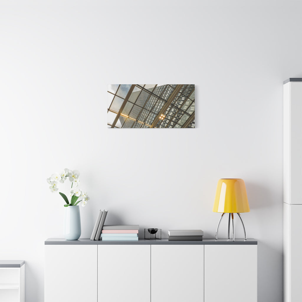 Modern Architecture Canvas Print — Glass Atrium & Skyscraper Stretched Matte