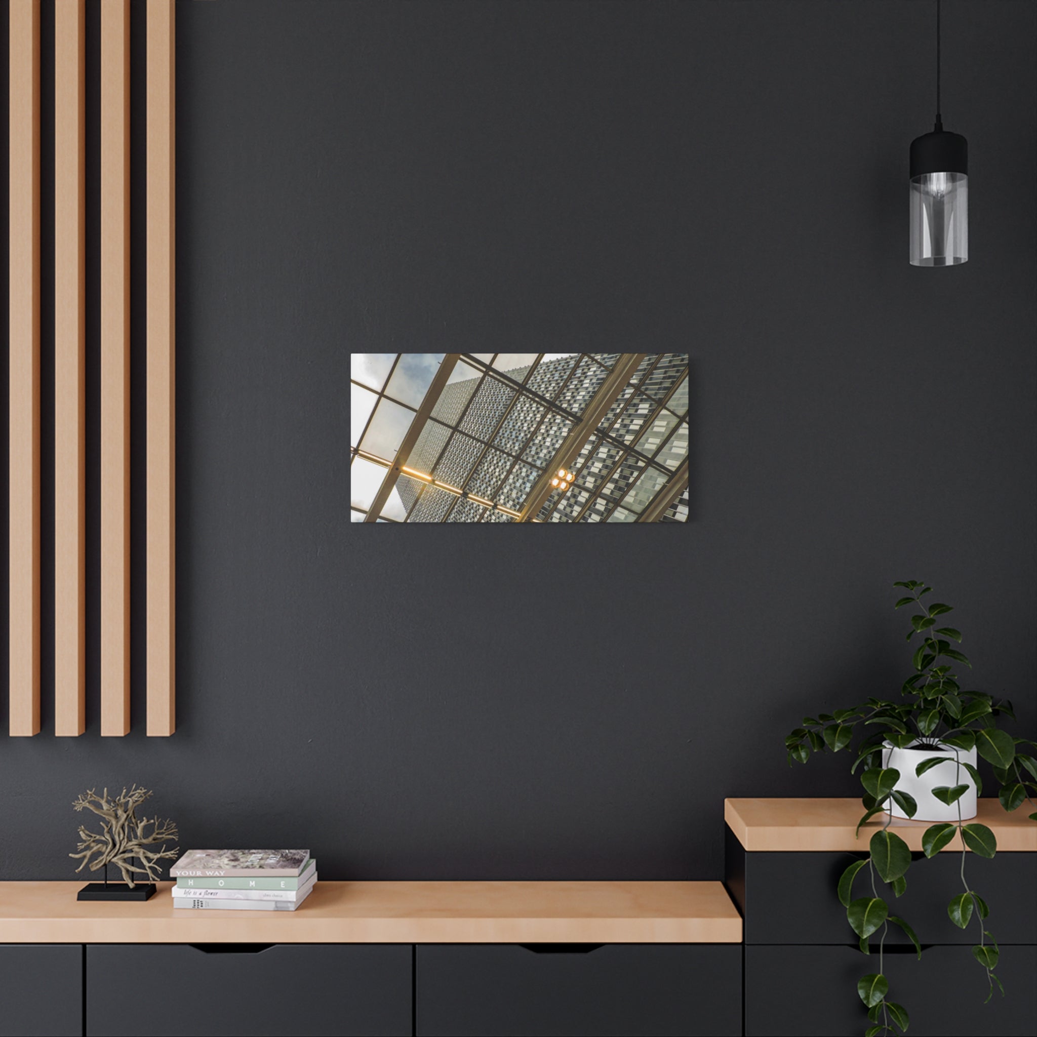 Modern Architecture Canvas Print — Glass Atrium & Skyscraper Stretched Matte
