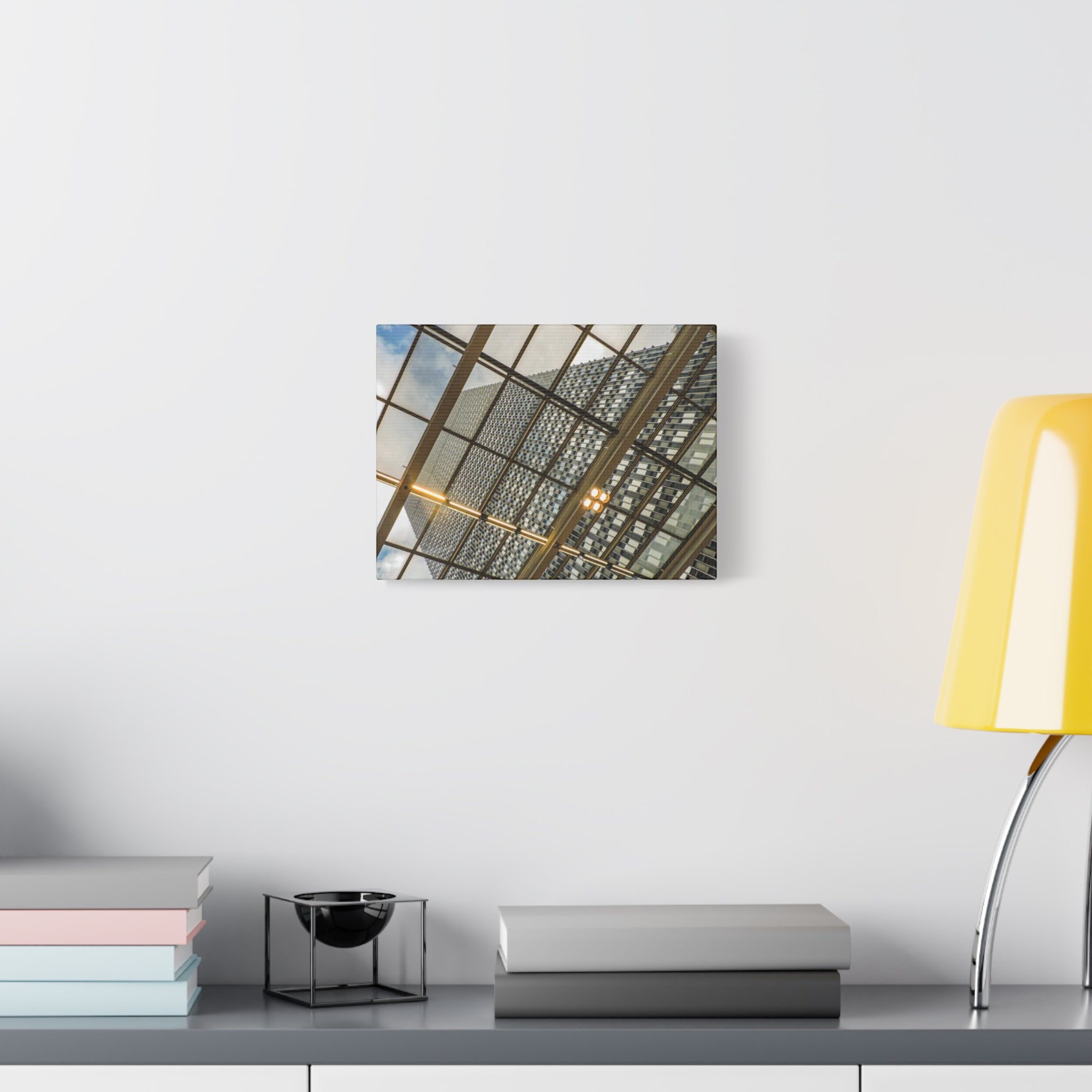Modern Architecture Canvas Print — Glass Atrium & Skyscraper Stretched Matte