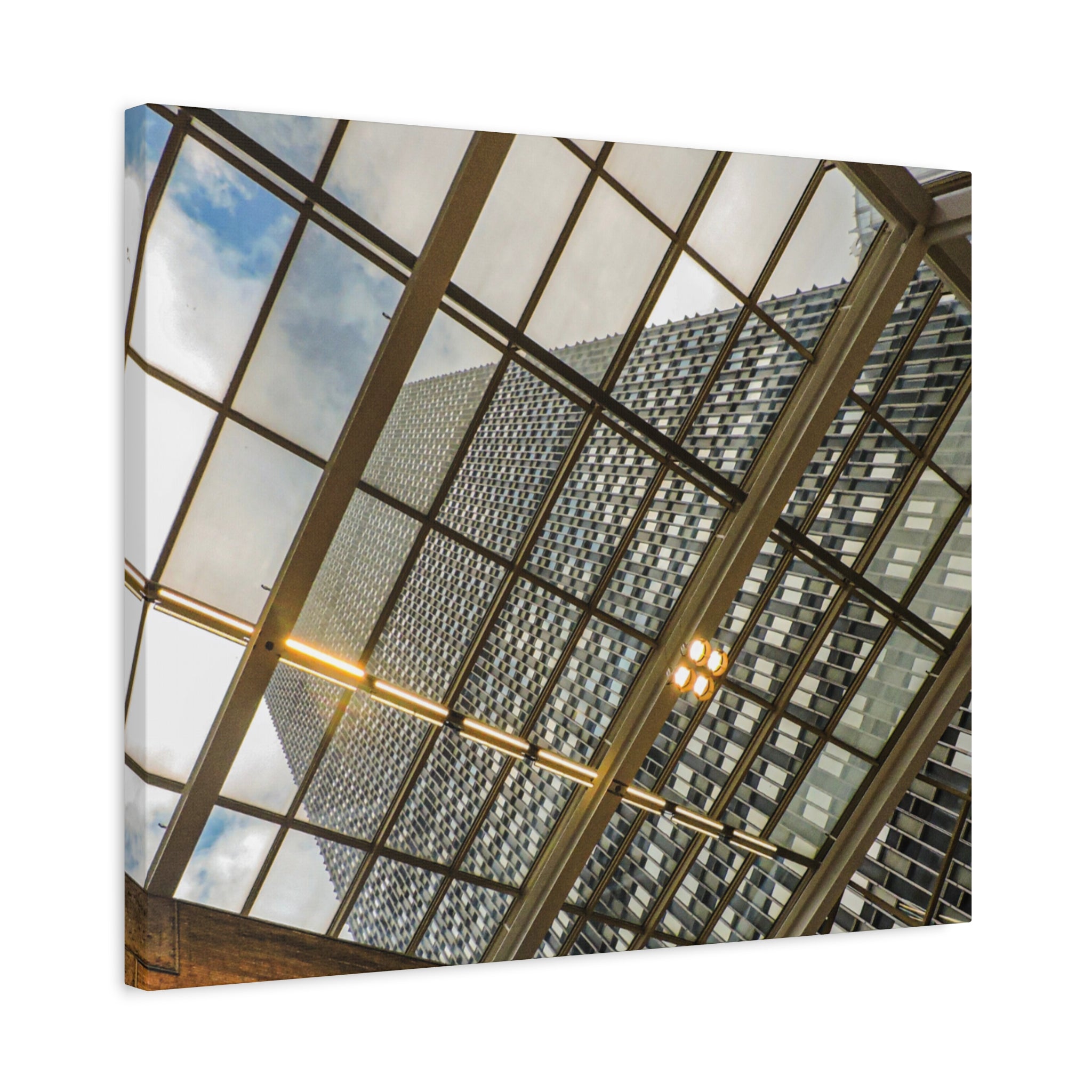 Modern Architecture Canvas Print — Glass Atrium & Skyscraper Stretched Matte