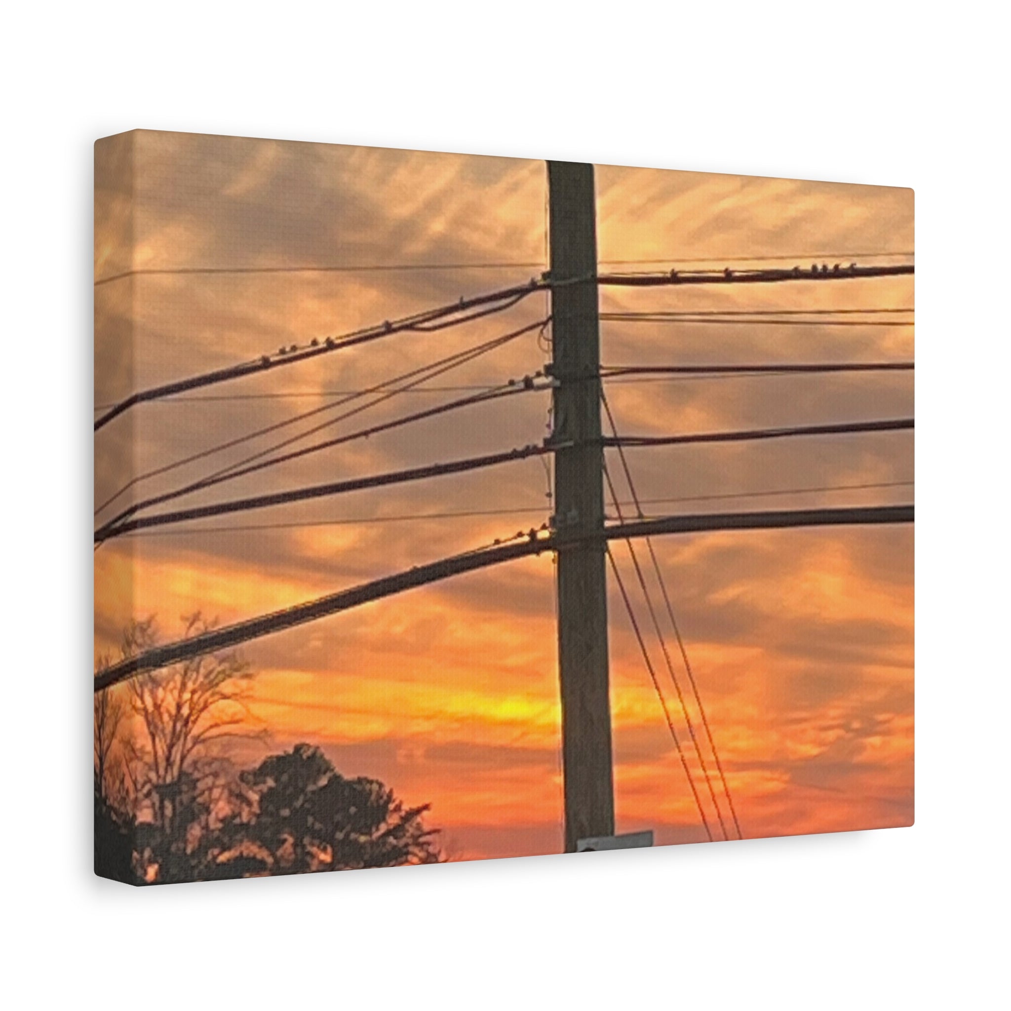 Sunset Powerlines Matte Canvas Print — Warm Orange Sky Wall Art