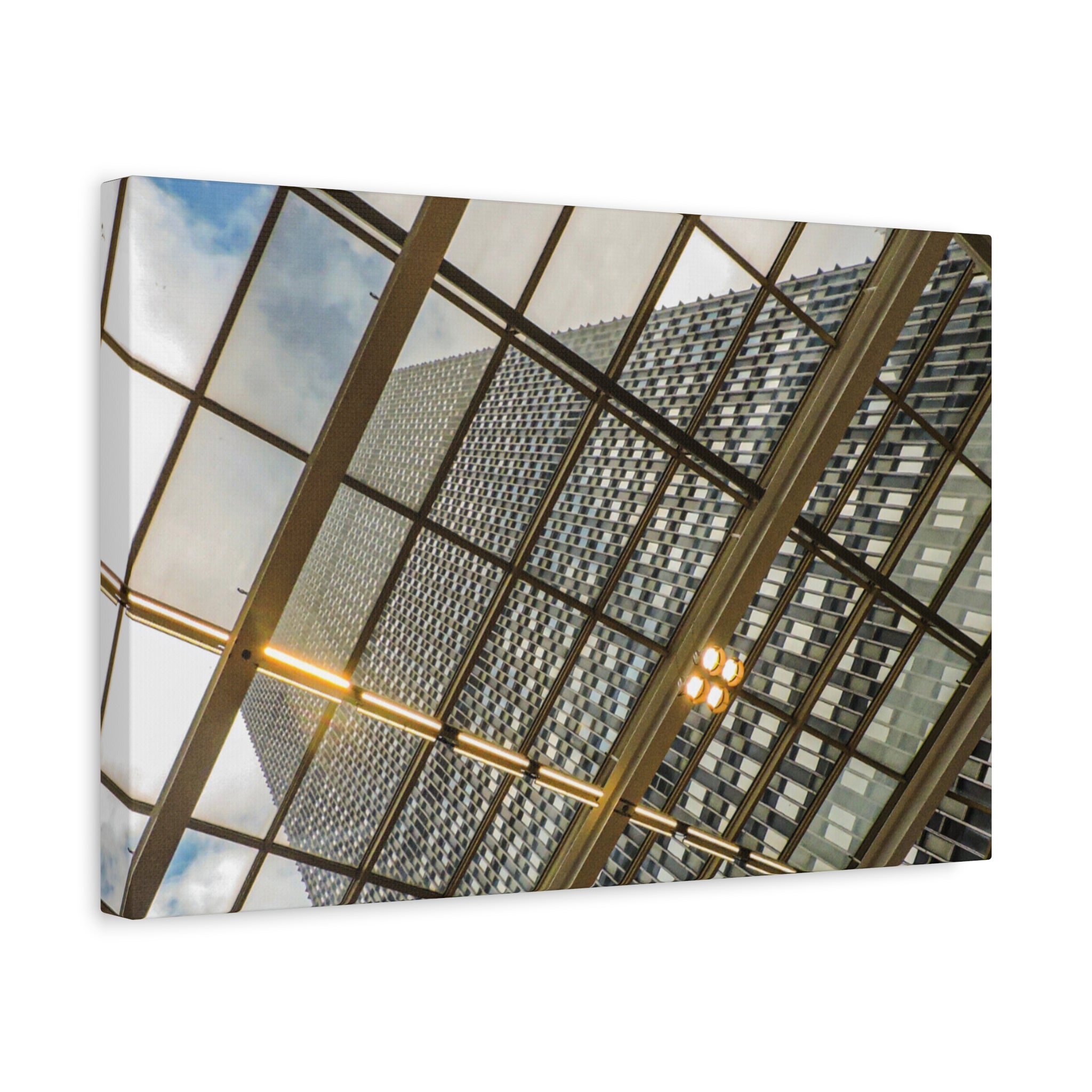 Modern Architecture Canvas Print — Glass Atrium & Skyscraper Stretched Matte