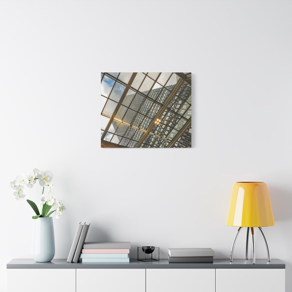 Modern Architecture Canvas Print — Glass Atrium & Skyscraper Stretched Matte